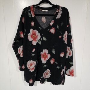 Black Floral V-Neck Long Sweater with Pink Roses And Pockets.
